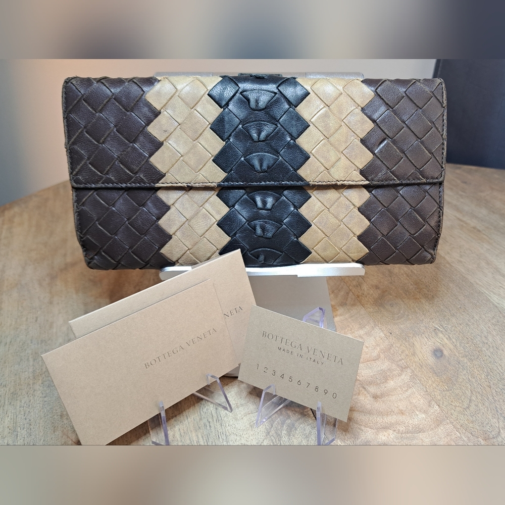 Bottega Veneta Intreccaito Black Brown and Tan Woven Wallet Clutch